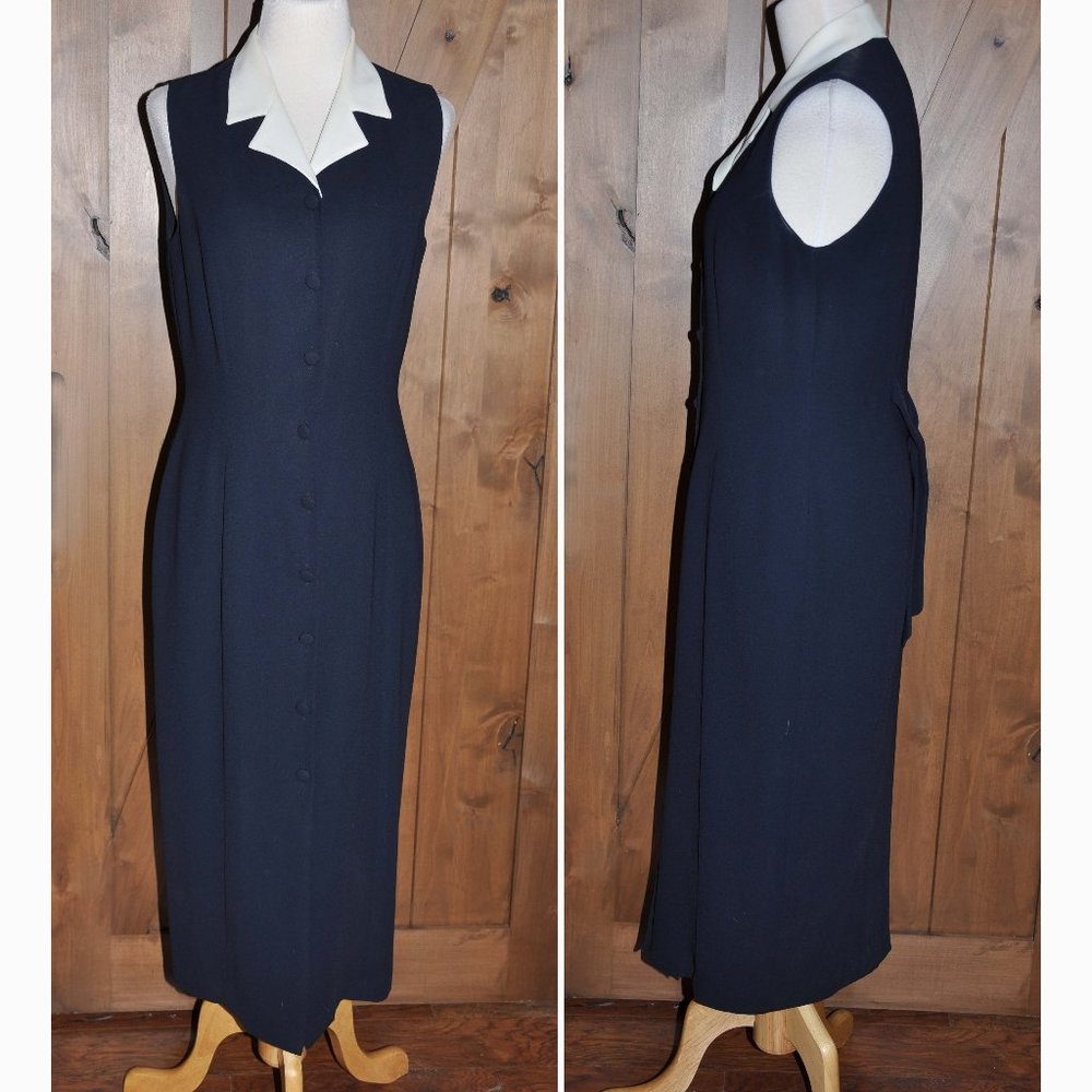 Vintage Studio Pat Argenti Navy Button Down Sleeveless Open White Collar Dress